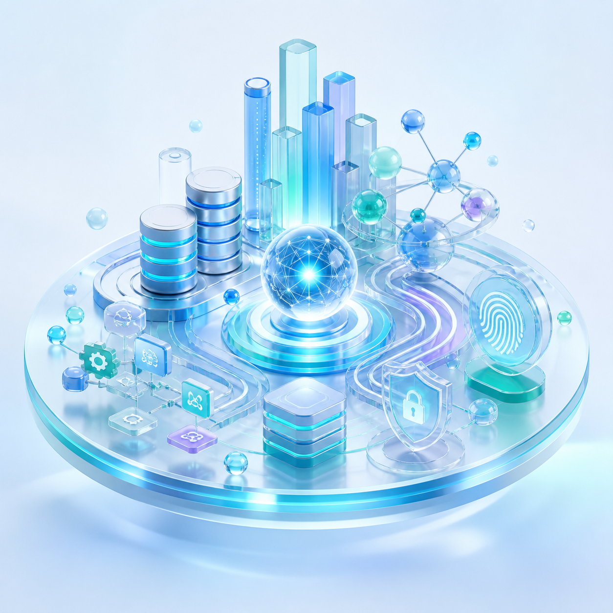 Ilustración tridimensional de un ecosistema conectado de software, datos, seguridad e inteligencia artificial